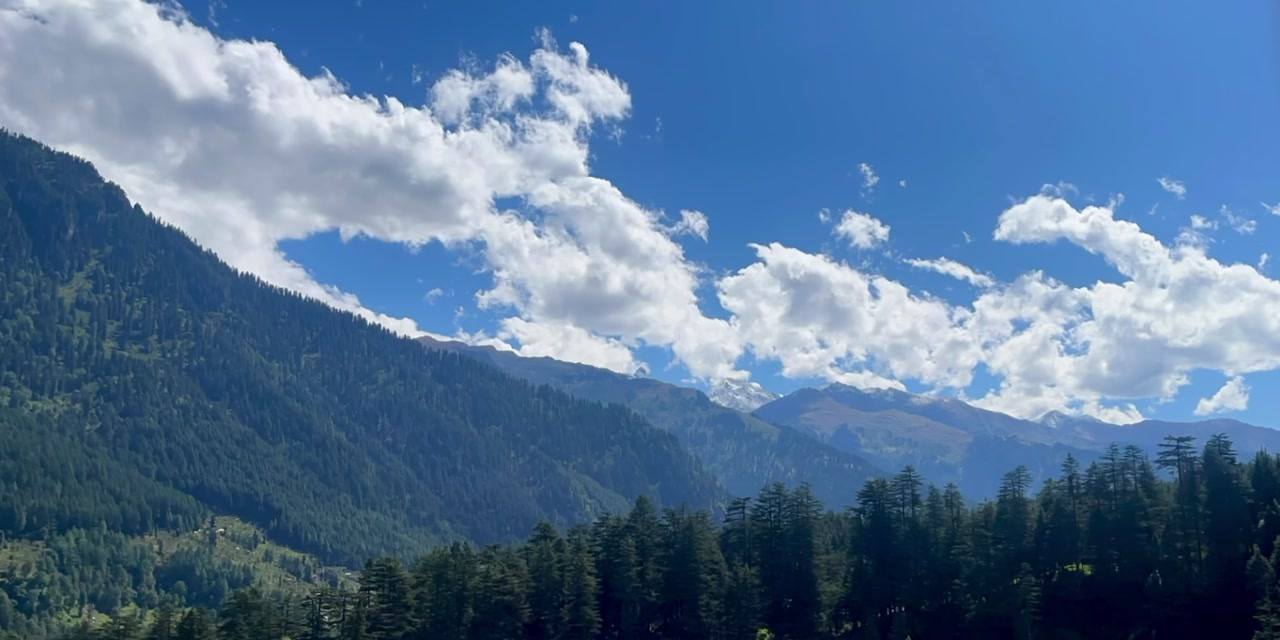 The view from Old Manali: clouds drifting over the deodar forest and the ridge across the valley